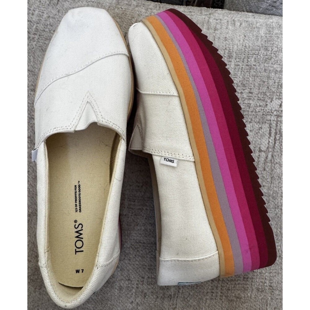 EUC Toms Women's Size 7 Alpargata Platform Espadrille Shoes White/Multi